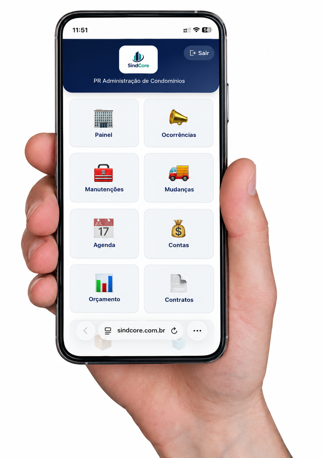 Celular na mão com o SindCore aberto, mostrando os módulos Painel, Ocorrências, Manutenções, Mudanças, Agenda, Contas, Orçamento e Contratos na tela inicial
